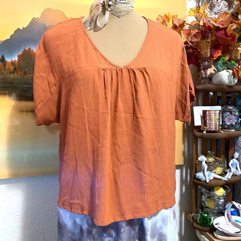 Madewell Blouse Boho Peasant Top Women V-Neck Pleated Small Burnt Orange Rust